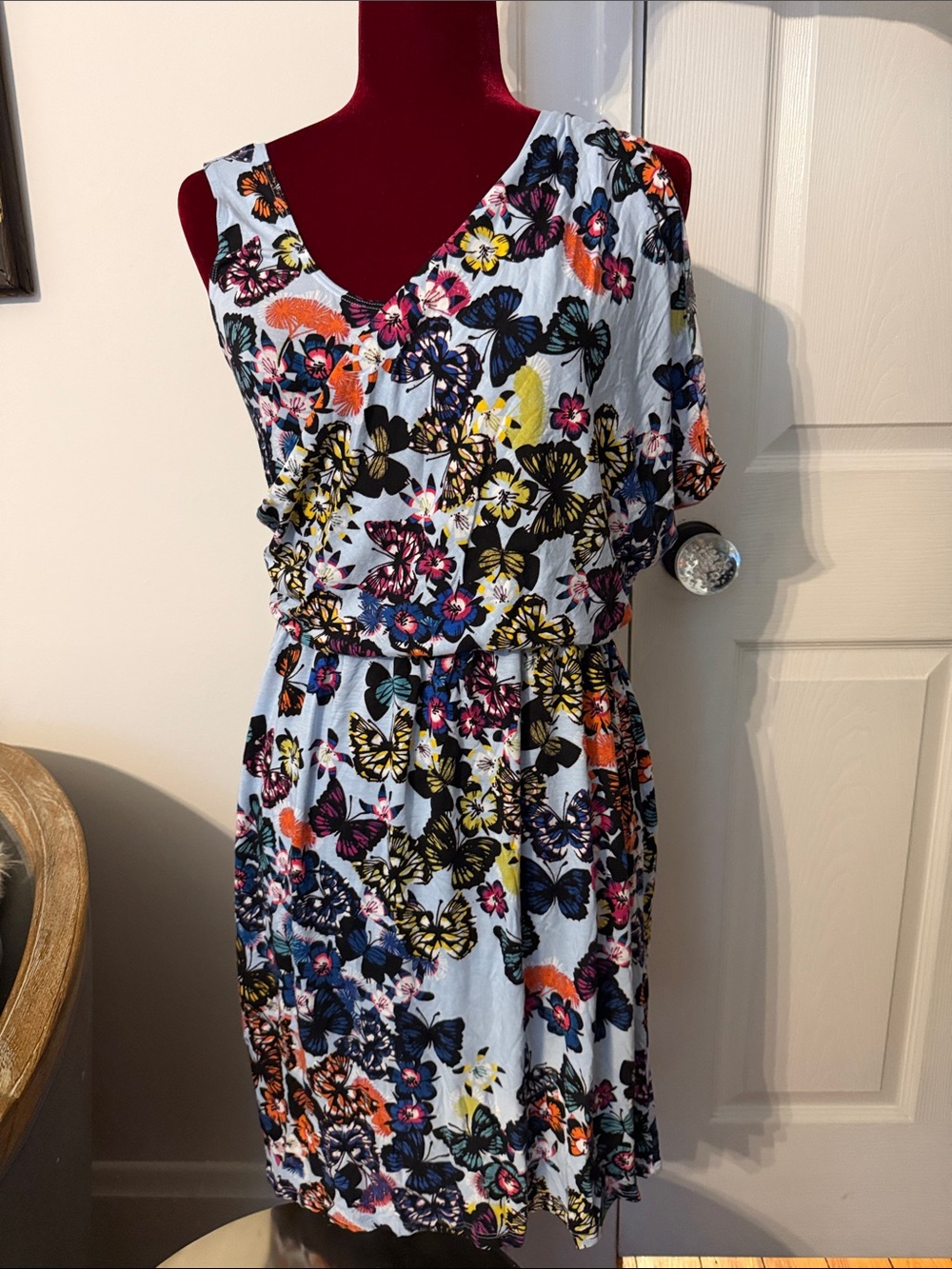 Anthropologie One-Shoulder Light Blue Butterfly Print Dress